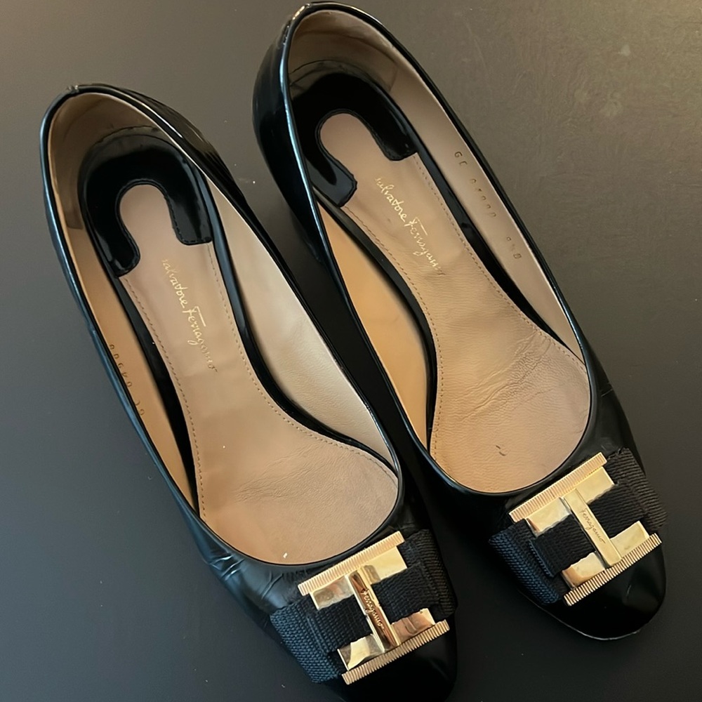 Salvatore Ferragamo black patent block heels.